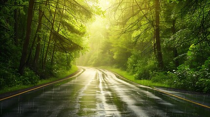 Fototapeta premium Rainy asphalt road in the forest with yellow line and rain drops