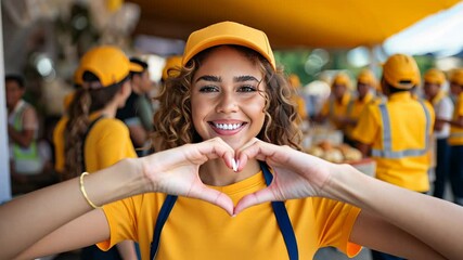 Cheerful young volunteer girl shows love while participating in community event at a sunny outdoor festival