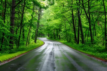 Obraz premium Rainy asphalt road in the forest with yellow line and rain drops