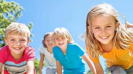 Fototapeta premium A joyful image of children playing tag under a clear blue sky, capturing movement and energy. Their happy expressions convey the freedom of childhood. The image is composition allows for ample copy