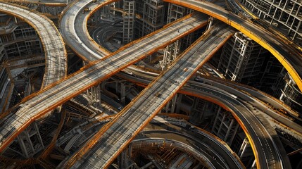 Image of a complex highway interchange under construction, with multiple levels of roads and bridges in the process of being connected