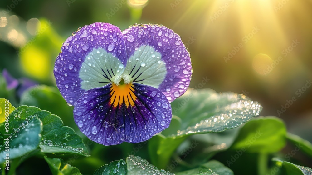 Wall mural Close-up of a purple pansy flower with dew drops, illuminated by the morning sun.