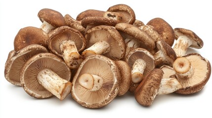 Fototapeta premium A pile of shiitake mushrooms scattered naturally on a clean white background, with the focus on their rich brown caps and textured undersides.