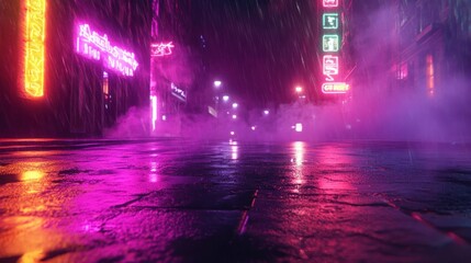 Obraz premium A neon-lit urban street scene with rain and fog, creating a moody atmosphere.