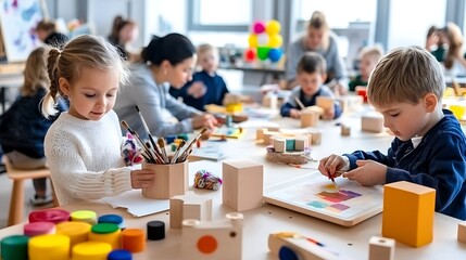 A vibrant and inviting workshop scene showcasing a diverse group of individuals engaged in various hobbies and crafts activities such as painting, knitting, and woodworking. High-end technology