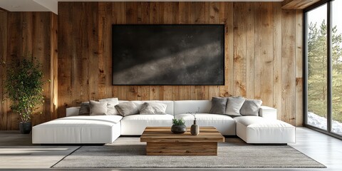 Modern Living Room with Cozy White Sofa and Wood Accents