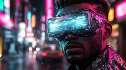 A futuristic individual wearing high-tech goggles in a vibrant urban setting.