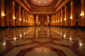 Obraz premium An exquisite grand hall showcasing ornate architectural details with a magnificent stained glass ceiling and beautifully reflective marble floors, capturing the essence of elegance and grandeur in
