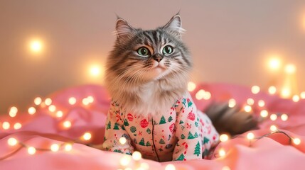 Fluffy cat in holiday pajamas and lights flat design, front view, cozy family gathering theme, 3D render, colored pastel