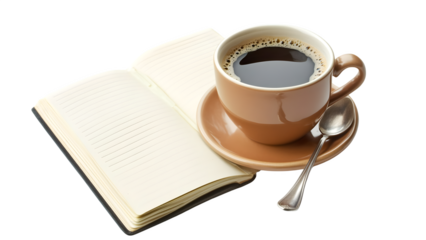 A cup of tea placed beside a blank journal isolated on a transparent background, PNG 