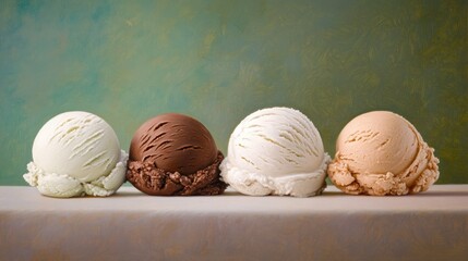 Three distinct scoops of ice cream, vanilla, chocolate, and green, sit elegantly on a table beside a single almond, all illuminated by gentle, soft light against a plain background