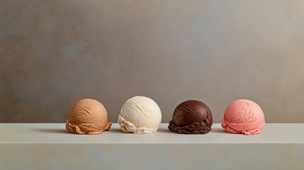 Three distinct scoops of ice cream, vanilla, chocolate, and green, sit elegantly on a table beside a single almond, all illuminated by gentle, soft light against a plain background