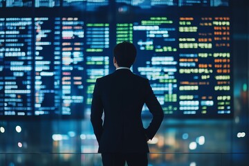 Business professional examining stock market data on a digital display in a modern office building at night