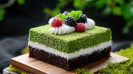 Three distinct scoops of ice cream, vanilla, chocolate, and green, sit elegantly on a table beside a single almond, all illuminated by gentle, soft light against a plain background