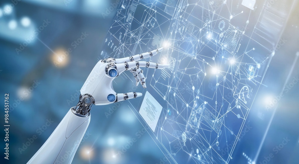 Poster the robot hand uses the virtual screen interface to check the status of the automation robotics arms