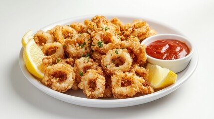A plate of crispy fried calamari with lemon wedges and marinara sauce, neatly arranged on a white plate against a plain white background.