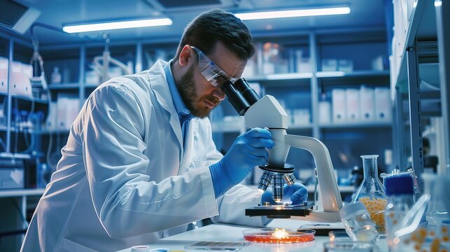 Diligent Scientist in Lab Coat Examining Petri Dish with Microscope, Amidst Array of Lab Equipment and Tools