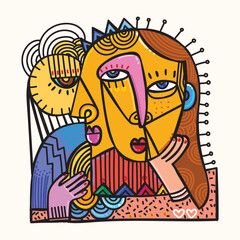 Abstract face portrait geometric, shapes and doodle outline hand drawn vector illustration. Contemporary trendy art design for art print, wall art, cover, poster, decoration and prints.