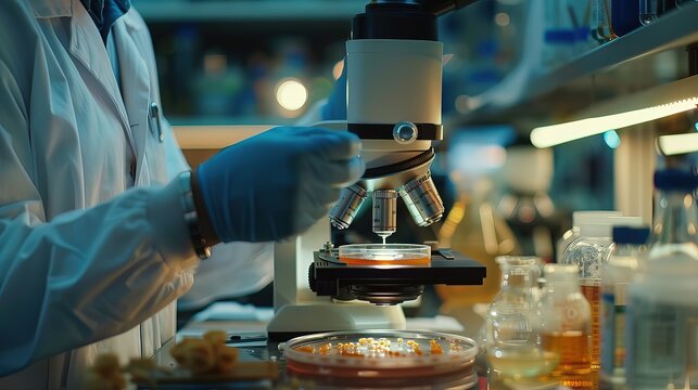 Diligent Scientist in Lab Coat Examining Petri Dish with Microscope, Amidst Array of Lab Equipment and Tools