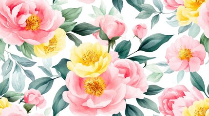 Watercolor floral pattern featuring pink peonies yellow and pink flowers and leaves Ideal for packaging wallpaper fabric romantic designs and cosmetic and accessory store graphics