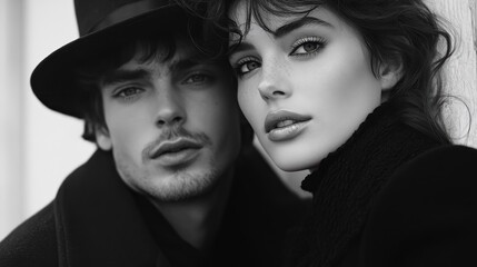 Black and white portrait of a couple posing closely together.