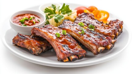 A plate of smoky grilled pork ribs served with a variety of side dishes, the ribs glistening under soft light on a clean white background.