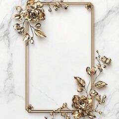 Elegant Gold Floral Frame on White Marble Background for Wedding Invitations and Premium Product Labels