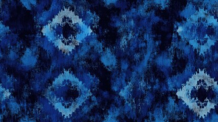 Ikat pattern featuring a dark design with Mayan influences ceremonial tile style seamless tie dye batik watercolor print splashed banner indigo colors and African inspired textured artwork