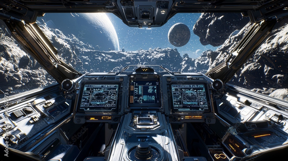 Wall mural dashboard in the cockpit of a spaceship with a pilot in the cockpit