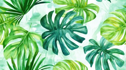 Fototapeta premium Seamless pattern of tropical leaves on a painted background Watercolor depiction of exotic monstera and palm tree leaves Hand painted design for swimwear in an artistic modern style