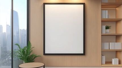 Sunlight filters through a window in a modern living space, highlighting a black-framed poster mockup on the floor and a coffee table adorned with books and plants