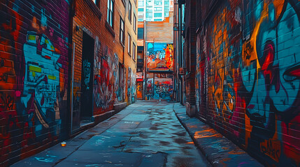 Fototapeta premium A colorful graffiti-covered building with a mix of bright and dark colors. Graffiti Alley. Illustration