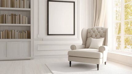 Sunlight filters through a window in a modern living space, highlighting a black-framed poster mockup on the floor and a coffee table adorned with books and plants