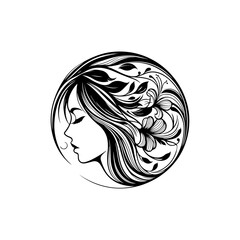 Natural beauty woman long hair logo for salon or cosmetic product with line art style. Line art floral women logo design. creative vintage editable vector floral girl illustration.