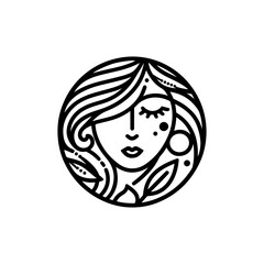 Natural beauty woman long hair logo for salon or cosmetic product with line art style. Line art floral women logo design. creative vintage editable vector floral girl illustration.