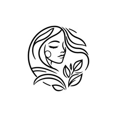 Natural beauty woman long hair logo for salon or cosmetic product with line art style. Line art floral women logo design. creative vintage editable vector floral girl illustration.
