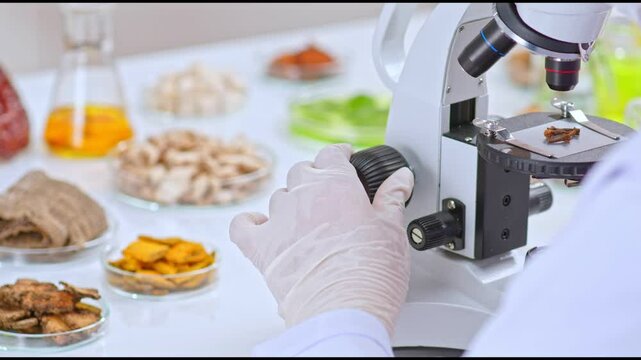 A video for experimental research samples showcases scientists carefully adjusting a microscope to observe a handful of dried cloves, while petri dishes containing herbals and solutions are on display