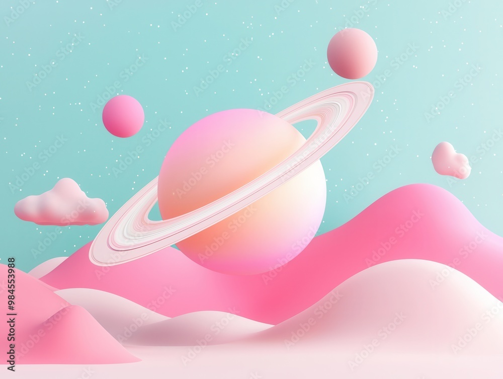 Sticker Pink Planet with Rings and Clouds in a 3D Landscape.