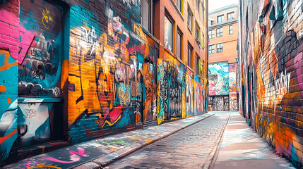 Fototapeta premium A colorful graffiti-covered building with a mix of bright and dark colors. Graffiti Alley. Illustration