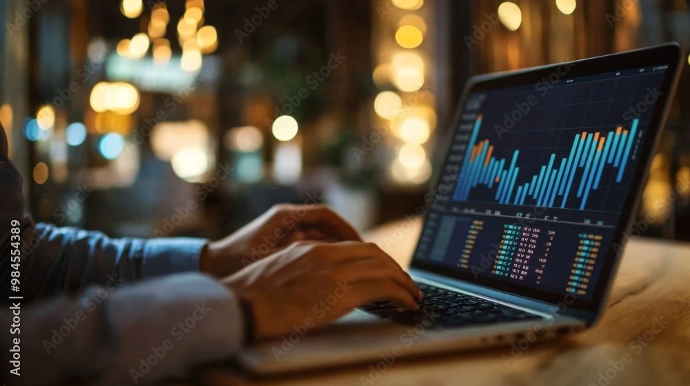 Poster a professional analyzing a financial bar chart on a laptop, with a focus on the detailed data and tr