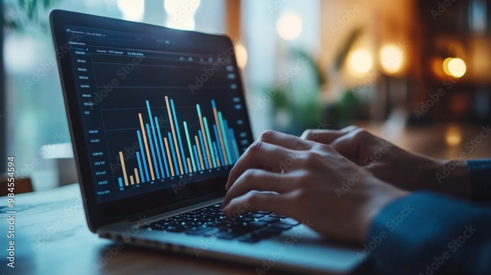 Poster a professional analyzing a financial bar chart on a laptop, with a focus on the detailed data and tr
