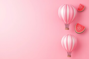 Colorful hot air balloon with watermelon design on pink background.