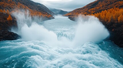 A large body of water with a waterfall in the background