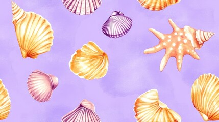 Seamless watercolor pattern featuring sea shells on a violet backdrop