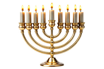 Golden menorah with nine lit candles for hanukkah celebration
