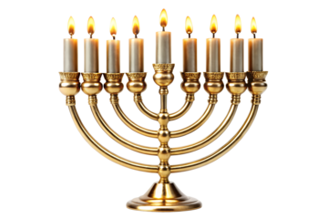 Golden menorah with nine lit candles for hanukkah celebration