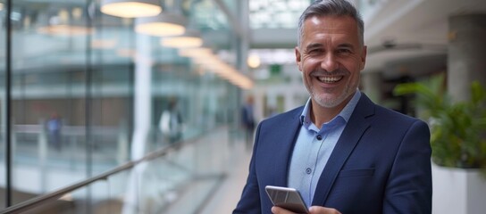 Fototapeta premium Portrait of a senior gray-haired male doctor standing in a suit outside the office and using a mobile phone, reading the news, typing a message, waiting for an appointment.