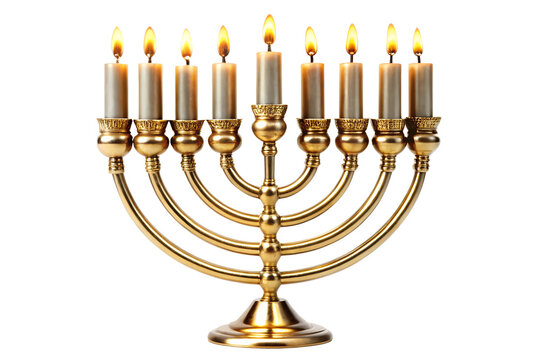 Golden menorah with nine lit candles for hanukkah celebration