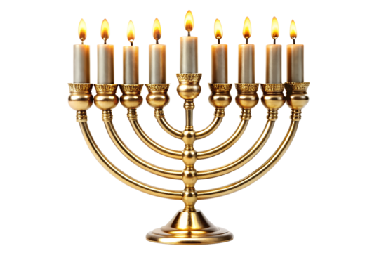 Golden menorah with nine lit candles for hanukkah celebration