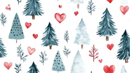 Seamless modern and romantic Christmas pattern featuring pairs of Christmas trees and hearts Watercolor hand drawn elements on a white background ideal for giftware for loved ones